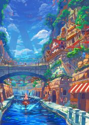  2girls 6+others animal_ears awning bird black_hair blue_sky bridge building canal commentary_request day demon_wings door flower highres house mano_(narumi_arata) multiple_girls multiple_others narumi_arata original outdoors people pink_hair plant potted_plant recri_(narumi_arata) red_skirt reflection reflective_liquid road scenery skirt sky street tail town tree water wings 