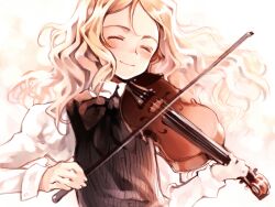 blonde_hair bow_(music) charlotte_francia hourglass instrument living_piece non-web_source oyari_ashito quartett! smile striped_clothes striped_vest vertical-striped_clothes vertical-striped_vest vest viola_(instrument) violin 