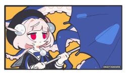  1girl black_hat black_jacket blue_ribbon blunt_bangs border closed_mouth ecron_(keitaiware) expressionless hat holding holding_umbrella jacket jitome long_sleeves looking_ahead neck_ribbon orange_background pink_hair pinstripe_jacket pinstripe_pattern red_eyes ribbon sailor_hat school_uniform short_hair simple_background solo tentacles twitter_username two-handed ui_(voisona) umbrella upper_body voisona white_border 
