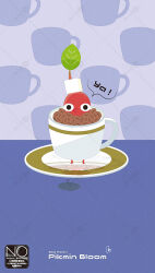  black_eyes coffee_beans coffee_mug colored_skin commentary cup highres leaf meme_(sleepsheep) mug no_humans no_mouth pikmin_(creature) pikmin_(series) pikmin_bloom red_pikmin red_skin saucer speech_bubble untranslatable_commentary 
