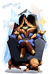  chibi commentary_request crossed_legs cyclops dated floating floating_object floating_sword floating_weapon huge_weapon minion_(slay_the_spire) on_throne one-eyed reku simple_background sitting slay_the_spire slay_the_spire_2 sovereign_blade sparkle sword the_regent_(slay_the_spire) throne twitter_username weapon white_background 