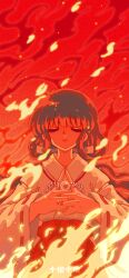  1990s_(style) 1girl animated animated_gif artist_name black_hair bow chinese_commentary closed_eyes closed_mouth commentary_request commission eyelashes facing_viewer fire hair_rings hakama highres holding holding_jewelry holding_necklace inuyasha japanese_clothes jewelry kikyou_(inuyasha) kimono long_hair looping_animation mihuashi_commission miko necklace own_hands_together red_bow red_hakama red_theme retro_artstyle ribbon-trimmed_sleeves ribbon_trim shi_liu_shi_liu shikon_no_tama smoke solo straight-on tooth_necklace unworn_jewelry unworn_necklace upper_body white_kimono 