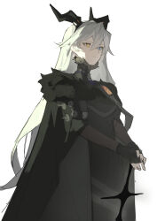  1girl absurdres badge black_cape black_coat black_horns cape closed_mouth coat commentary ear_piercing english_commentary enqiddo fur_trim grey_fur grey_hair hair_between_eyes heterochromia highres horns long_hair long_sleeves looking_at_viewer looking_to_the_side piercing shaded_face simple_background solo standing star-shaped_pupils star_(symbol) sunbringer_(zenless_zone_zero) symbol-shaped_pupils upper_body wavy_hair white_background zenless_zone_zero 