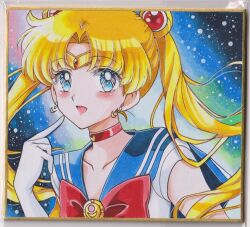  1girl :d bishoujo_senshi_sailor_moon blonde_hair blue_eyes blue_sailor_collar blush bow chikoto_(kztc4472) choker circlet collarbone commentary crescent crescent_choker crescent_earrings curtained_hair double_bun earrings elbow_gloves gem gloves gold_circlet hair_bun hair_ornament hand_up highres jewelry leotard lone_nape_hair long_hair looking_at_viewer magical_girl night open_mouth outdoors parted_bangs photo_(medium) picture_frame pointing pointing_at_self red_bow red_choker red_gem sailor_collar sailor_moon sailor_senshi_uniform short_sleeves sky smile solo star_(sky) starry_sky traditional_media transformation_brooch_(sailor_moon) tsukino_usagi twintails upper_body white_gloves white_leotard 