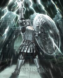  1boy arm_up armor breastplate commentary commission crown_of_thorns dark_souls_(series) dark_souls_ii english_commentary full_armor full_body gauntlets helmet highres holding holding_shield holding_sword holding_weapon knight lightning looking_glass_knight male_focus rain rashuu shield solo standing sword watermark weapon 