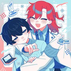  2boys :d armband black_hair blue_armband blue_eyes blue_jacket blue_necktie blush candle closed_eyes coat collared_shirt commentary_request dress_shirt half_updo handheld_game_console happy highres hug hug_from_behind hyoutenka_30-do_no_zetsubou jacket kuchinashi_dabi lapels lighter looking_at_another male_focus mitsudomoe_koubou_(series) mole mole_under_eye multiple_boys necktie nintendo_3ds red_hair sharp_teeth shirt shirttail smile snowflakes sr_en_km teeth tonimura_yui untucked_shirt upper_body white_coat 