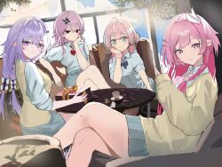  4girls absurdres aqua_eyes box breasts brown_cardigan cardigan castorice_(honkai:_star_rail) commentary_request crossed_legs cup cyrene_(demiurge)_(honkai:_star_rail) cyrene_(honkai:_star_rail) evernight_(honkai:_star_rail) flower gift gift_box grey_skirt hair_flower hair_ornament highres honkai:_star_rail honkai_(series) hyacine_(honkai:_star_rail) long_hair looking_at_viewer march_7th_(honkai:_star_rail) medium_breasts multiple_girls pink_hair pointy_ears purple_hair red_eyes school_uniform shirt sitting skirt smile soymichi164457 table teacup v very_long_hair violet_eyes white_shirt 