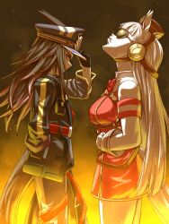  2girls animal_ears armband black_hair black_jacket black_pants blunt_bangs bow breasts brown_hat closed_mouth commentary_request dress ears_through_headwear fenomeno_(black_flames_of_the_righteous_spirit)_(umamusume) fenomeno_(umamusume) flipped_hair gloves gold_ship_(red_strife)_(umamusume) gold_ship_(umamusume) grey_hair hat horse_ears horse_girl horse_tail horseshoe_hat_ornament horseshoe_ornament jacket large_breasts long_hair long_sleeves looking_up multicolored_hair multiple_girls pants pantyhose parted_lips peaked_cap peeta pillbox_hat purple_hair red_bow red_dress sleeveless sleeveless_dress striped_armband striped_clothes sunglasses tail tenno_sho textless_version umamusume white_gloves white_pantyhose 