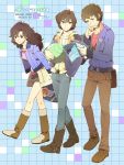  2boys banagher_links boots brown_eyes brown_hair card denim_jacket gundam gundam_unicorn hand_in_pocket haro highres irei_takuya jeans long_hair looking_at_viewer lydi_(dd) magazine micott_bartsch multiple_boys reading short_hair smile 