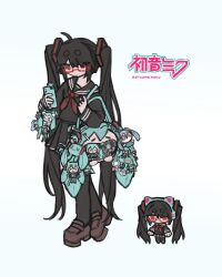  1girl aimaina animal_ear_headphones animal_ears badge black_hair black_pantyhose black_sailor_collar black_serafuku black_skirt brown_shoes cat_ear_headphones cat_ears character_badge character_bag character_charm character_doll_in_itabag charm_(object) commentary english_commentary expressionless fake_animal_ears glasses hachune_miku hatsune_miku headphones highres holding holding_phone iewa itabag loafers long_hair neckerchief oshikatsu pantyhose phone pleated_skirt red-framed_eyewear red_eyes red_neckerchief sailor_collar school_uniform serafuku shoes skirt twintails very_long_hair vocaloid zatsune_miku 