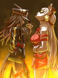  2girls animal_ears armband black_hair black_jacket black_pants blunt_bangs bow breasts brown_hat closed_mouth commentary_request dress ears_through_headwear fenomeno_(black_flames_of_the_righteous_spirit)_(umamusume) fenomeno_(umamusume) flipped_hair gloves gold_ship_(red_strife)_(umamusume) gold_ship_(umamusume) grey_hair hat horse_ears horse_girl horse_tail horseshoe_hat_ornament horseshoe_ornament jacket large_breasts long_hair long_sleeves looking_up multicolored_hair multiple_girls pants pantyhose parted_lips peaked_cap peeta pillbox_hat purple_hair red_bow red_dress sleeveless sleeveless_dress striped_armband striped_clothes sunglasses tail textless_version umamusume white_gloves white_pantyhose 