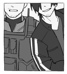  2boys beard_stubble border chris_redfield collared_shirt eyes_out_of_frame facial_hair greyscale grin head_out_of_frame highres jacket leon_s._kennedy miura_saku monochrome multiple_boys out_of_frame resident_evil resident_evil:_vendetta shirt smile striped_clothes striped_jacket stubble vest walkie-talkie white_border 