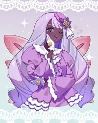  0393_piplup 1girl ascot blush breasts commentary_request dark-skinned_female dark_skin dress frilled_ascot frills glove_bow gloves gold_ring highres jacinthe_(pokemon) juliet_sleeves long_hair long_sleeves looking_at_viewer mega_stone one_eye_closed open_mouth pokemon pokemon_legends:_z-a puffy_sleeves purple_dress purple_hair smile solo sparkle teeth upper_teeth_only very_dark_skin violet_eyes white_gloves 