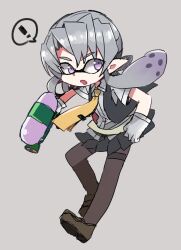  ! 1girl averting_eyes black_pantyhose black_skirt black_vest brown_shoes collared_shirt commentary_request dress_shirt fang gloves grey_background grey_hair highres holding holding_water_gun kantai_collection loafers long_sidelocks medium_hair necktie nowaki_(kancolle) oomori_(kswmr) open_clothes open_mouth open_vest pantyhose pleated_skirt pointy_ears shirt shoes short_sleeves sidelocks simple_background skirt solo speech_bubble splatoon_(series) spoken_exclamation_mark tentacle_hair thighband_pantyhose vest violet_eyes water_gun white_gloves white_shirt yellow_necktie 