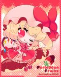  :q blonde_hair bow dress flandre_scarlet food fruit hat marshmallow_mille pantyhose red_eyes side_ponytail solo strawberry striped striped_legwear tongue touhou wings wink 