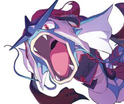  armor black_armor fangs gyarados gyarados_(darkness) korosliszt looking_at_viewer no_humans open_mouth pokemon pokemon_(creature) pokemon_focus pokemon_unite red_eyes red_ribbon red_trim ribbon simple_background solo upper_body white_background 