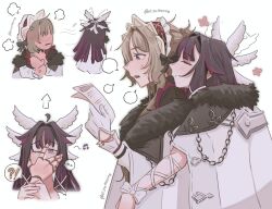  !? 2girls absurdres ahoge anger_vein arm_ribbon arrow_(symbol) black_collar black_hair blue_eyes blush bonnet brown_hair closed_eyes closed_mouth coat collar columbina_(genshin_impact) commentary fatui_coat fur-trimmed_coat fur-trimmed_hood fur_hood fur_trim genshin_impact gloves hair_bun hair_ornament head_wings headdress highres hood hug hug_from_behind kirameong kiss kissing_hand long_hair long_sidelocks multicolored_hair multiple_girls multiple_wings musical_note one_eye_closed purple_hair purple_streaks ribbon sandrone_(genshin_impact) short_hair short_hair_with_long_locks sidelocks simple_background smile spoken_interrobang streaked_hair two-tone_hair unusually_open_eyes very_long_hair violet_eyes white_coat white_headdress white_wings wing_flapping wing_hair_ornament wings winter_clothes winter_coat wrist_bow 