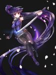  1girl absurdly_long_hair akatsuki_(log_horizon) belt blade glowing katana log_horizon long_hair petals purple_hair solo sword very_long_hair violet_eyes weapon 