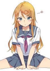  1girl absurdres arms_between_legs blonde_hair blue_eyes blush breast_pocket collarbone commentary cowboy_shot dot_nose grey_sailor_collar grey_skirt hair_between_eyes hair_ornament hair_over_shoulder hairclip hands_on_floor highres invisible_chair kousaka_kirino kousaka_kirino's_school_uniform light_frown long_hair looking_at_viewer nail_polish neckerchief ore_no_imouto_ga_konna_ni_kawaii_wake_ga_nai parallel_hairclips pink_neckerchief pleated_skirt pocket sailor_collar school_uniform shirt short_sleeves side_sitting_split sidelocks simple_background sitting sitting_split skirt solo split spread_legs takkun_(takkun20) thighs white_background white_shirt 