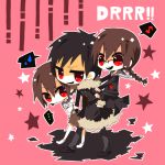  arm_hug black_hair braid brown_hair durarara!! eriko_(chika) fur_trim gym_uniform jacket musical_note orihara_izaya orihara_kururi orihara_mairu piggyback red_eyes school_uniform serafuku siblings star sweatdrop 