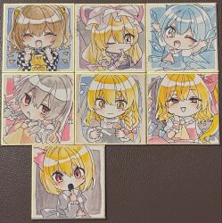  6+girls :3 apron ascot bell black_skirt black_vest blonde_hair blue_bow blue_hair bow braid brown_hair checkered_clothes checkered_kimono chibi chibi_only cirno closed_eyes clothes_writing collared_shirt crystal crystal_wings detached_sleeves detached_wings dress facing_viewer flandre_scarlet frilled_bow frilled_hair_tubes frilled_shirt_collar frills gap_(touhou) hair_bell hair_bow hair_ornament hair_ribbon hair_tubes hakurei_reimu hat hat_ribbon hayuk0 highres holding holding_mushroom ice ice_wings japanese_clothes jingle_bell kimono kirisame_marisa long_hair medium_hair mob_cap motoori_kosuzu multicolored_wings multiple_girls mushroom one_eye_closed one_side_up open_mouth puffy_short_sleeves puffy_sleeves purple_dress red_ascot red_bow red_eyes red_ribbon red_vest red_wrist_cuffs ribbon rumia shikishi shirt short_sleeves side_braid single_braid skirt skirt_set smile touhou traditional_media two_side_up vest white_shirt wings wrist_cuffs yakumo_yukari yellow_apron yellow_ascot yellow_eyes 