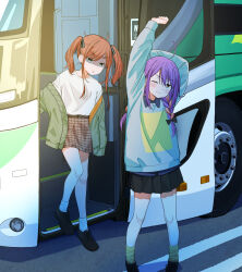  2girls absurdres ahoge ankle_socks aqua_pupils black_ribbon black_shoes black_skirt blush bright_pupils brown_hair bus closed_mouth commentary_request full_body green_eyes green_jacket green_socks green_sweater hair_ribbon highres iroha_nanairo_(urushiushiru) jacket jacket_partially_removed long_sleeves looking_at_another medium_hair michimori_karen_(urushiushiru) miniskirt motor_vehicle multicolored_hair multiple_girls one_eye_closed original outdoors parted_bangs parted_lips plaid_clothes plaid_skirt pleated_skirt purple_hair red_eyes ribbed_socks ribbon shirt shoes skirt socks standing streaked_hair stretching striped_ribbon sweater t-shirt twintails urushiushiru v-shaped_eyebrows walking wavy_mouth white_pupils white_shirt white_socks wing_collar 