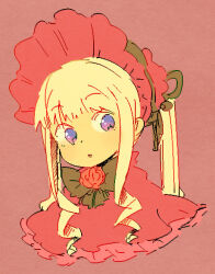  1girl bad_id bad_pixiv_id blonde_hair blunt_bangs bonnet bow bow_flower bowtie colored_skin commentary_request dress frilled_dress frills hat hat_bow lolita_fashion long_hair looking_down open_mouth rawan red_background red_dress rozen_maiden shinku sidelocks simple_background solo twintails upper_body violet_eyes yellow_skin 