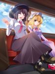  blonde_hair boots brown_eyes brown_hair butakata closed_eyes cloudy_sky crossed_legs dress eyes_closed hat legs_crossed long_skirt maribel_hearn mary_janes multiple_girls necktie open_mouth shirt shoes short_hair sitting skirt smile touhou usami_renko white_shirt 