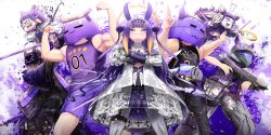  1girl absurdres blue_eyes blunt_bangs bow dress glasses gradient_hair halo highres hololive hololive_english long_hair multicolored_hair muraryuen muscular ninomae_ina'nis ninomae_ina'nis_(party_dress) orange_hair pointy_ears purple_hair sidelocks smile takodachi_(ninomae_ina'nis) tentacle_hair virtual_youtuber 