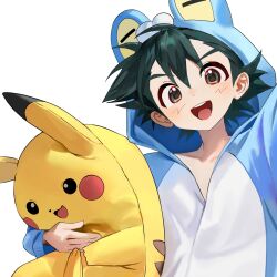  1boy :d alternate_costume ash_ketchum black_hair brown_eyes commentary_request cosplay froakie froakie_(cosplay) happy highres holding hood hood_up korean_commentary long_sleeves male_focus onesie open_mouth pikachu pokemon pokemon_(anime) pokesudal short_hair simple_background smile solo teeth upper_teeth_only white_background 