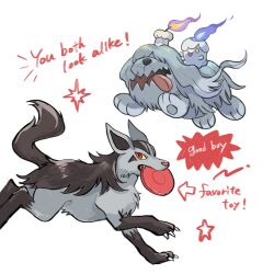  absurdres anzu_(01010611) arrow_(symbol) blue_fire candle claws colored_sclera commentary english_text fang fire frisbee greavard highres litwick looking_to_the_side mightyena mouth_hold no_humans open_mouth pokemon pokemon_(creature) pokemon_focus purple_fire red_eyes tongue tongue_out untranslatable_commentary white_background yellow_sclera 