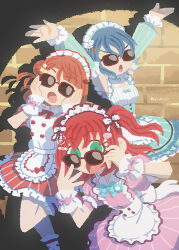 3girls ai_scream!_(love_live!) aiscream_(love_live!) apron blue_hair brown-framed_eyewear commentary_request detached_sleeves dress eyewear_pull frilled_apron frilled_sleeves frills green_dress green_eyes hair_bun hands_on_own_cheeks hands_on_own_face hatena_heartbeat highres horizontal_spotlight kurosawa_ruby long_sleeves looking_over_eyewear love_live! love_live!_nijigasaki_high_school_idol_club love_live!_school_idol_project love_live!_sunshine!! love_live!_superstar!! love_live!_the_school_idol_movie maid_apron medium_hair meidosan multiple_girls open_mouth orange_hair pink_dress pinstripe_dress pinstripe_pattern pinstripe_sleeves pose_imitation red_dress red_hair running_bond shadow single_side_bun sleeveless sleeveless_dress sunglasses two_side_up uehara_ayumu waitress wakana_shiki white_apron 