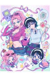  2girls absurdres alien_stage animal_print belt black_necktie blue_hair blue_vest book bra brown_belt cake cake_slice candy cellphone cellphone_charm charm_(object) chinese_commentary collared_shirt commentary cropped_hoodie denim denim_shorts earrings eyewear_on_head fingernails flip_phone food game_boy gradient_hair hairband handheld_game_console high_ponytail highres holding holding_food holding_ice_cream holding_ice_cream_cone holding_phone hood hoodie ice_cream ice_cream_cone jewelry leopard_print locked_arms long_fingernails long_hair long_sleeves love_letter mizi_(alien_stage) multicolored_hair multiple_girls navel necktie official_alternate_costume phone pink-framed_eyewear pink_hoodie pink_ribbon plaid_clothes plaid_skirt ponytail ribbon shirt short_hair shorts skirt smile sua_(alien_stage) sunglasses taking_picture toushi_emo_bai_zhi_dipingxian two-tone_hair underwear vest violet_eyes virtual_pet_(toy) w white_bra white_hairband white_shirt yellow_eyes 