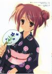  absurdres brown_eyes brown_hair commentary copyright_request double_bun fan hair_ornament hairclip highres japanese_clothes kimono ryouka_(suzuya) yukata 