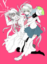  2girls ahoge blue_skirt breast_pocket closed_mouth collared_shirt danganronpa_(series) danganronpa_another_episode:_ultra_despair_girls electricity eyelashes fingernails fukawa_toko glasses hair_between_eyes holding holding_megaphone holding_stun_gun kneehighs long_hair long_skirt long_sleeves megaphone messy_hair multiple_girls naegi_komaru neckerchief necktie partially_colored pink_background pocket red_neckerchief red_necktie school_uniform serafuku shirt shoes short_hair simple_background skirt smcms-m socks stun_gun torn_clothes torn_neckerchief torn_skirt 