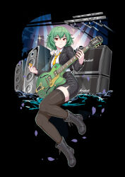  1girl album_cover alternate_costume amplifier black_boots black_jacket black_skirt boots brown_thighhighs closed_mouth coba_(bushclover) commentary_request concert cover double-parted_bangs electric_guitar falling_petals frown green_hair guitar hair_between_eyes highres holding holding_guitar holding_instrument holding_plectrum instrument jacket kazami_yuuka let's_draw_short-haired_hinanawi_tenshi long_sleeves looking_at_viewer necktie pencil_skirt petals plectrum red_eyes reitaisai shirt skirt solo sparkle speaker split_mouth stage stage_lights textless_version thigh-highs touhou v-shaped_eyebrows white_shirt yellow_necktie zettai_ryouiki 