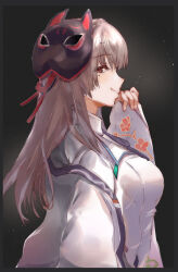  1girl absurdres brown_hair commentary_request floral_print floral_print_kimono fox_mask from_side heaven_burns_red highres japanese_clothes kimono kiryuu_miya long_hair looking_at_viewer mask mole mole_under_eye no53_(pixiv_77486930) open_clothes open_kimono print_kimono red_eyes smile 