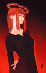  1girl bilingual_commentary blood blood_halo braid braided_ponytail chainsaw_man commentary english_commentary halo highres j._artur liquid_halo long_hair makima_(chainsaw_man) mixed-language_commentary red_hair ringed_eyes sidelocks solo 