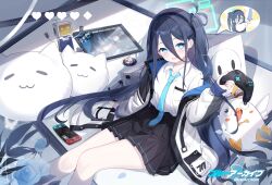  1girl :d absurdres animal-shaped_pillow aqua_halo aris_(blue_archive) badge black_hair black_hairband black_jacket black_skirt blue_archive blue_eyes blue_flower blue_jacket blue_necktie blue_rose blush breast_pocket bright_pupils bug butterfly button_badge character_badge chibi chibi_inset collarbone_peek collared_shirt commentary_request controller copyright_logo copyright_name doodle_sensei_(blue_archive) double-parted_bangs feet_out_of_frame flower game_controller grey_jacket hair_between_eyes hairband halo hand_up handheld_game_console heart highres holding holding_controller holding_game_controller holding_sword holding_weapon indoors jacket kei_(robot)_(blue_archive) light_particles logo long_bangs long_hair long_hair_between_eyes long_sleeves looking_at_viewer millennium_science_school_logo multicolored_jacket necktie nintendo_switch non-humanoid_robot one_side_up open_clothes open_jacket open_mouth peroro_(blue_archive) petals pleated_skirt pocket puffy_long_sleeves puffy_sleeves puzzle_piece_print rectangular_halo ringed_eyes robot rose sansan_jiang school_uniform sensei_(blue_archive) shadow shirt shirt_tucked_in single_off_shoulder sitting skirt smile solo sparkle speech_bubble spoken_character sticker stuffed_animal stuffed_toy sword tablet_pc two-sided_fabric two-sided_jacket very_long_hair weapon white_jacket white_pupils white_shirt xbox_controller 