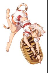  1girl animal_ears barefoot bell calico_(pattern) cat_ears cat_girl cat_tail closed_mouth coin commentary_request full_body gold goutokuji_mike highres jingle_bell koban_(gold) looking_at_viewer midriff multicolored_hair multicolored_shirt multicolored_skirt multicolored_tail orange_eyes patchwork_clothes puffy_short_sleeves puffy_sleeves rlwezar shirt short_hair short_sleeves simple_background skirt slit_pupils smile soles solo sparkle tail toes touhou white_background white_shirt white_skirt 