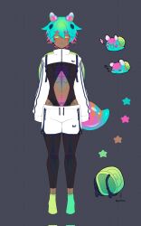  1boy antennae aqua_hair commentary dark-skinned_male dark_skin english_commentary full_body highres houndeater indie_virtual_youtuber leotard monster_boy open_mouth posa see-through_body shorts skeleton snail snail_boy snail_shell socks solo standing zzz 