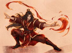  1boy avatar:_aang_the_last_airbender avatar_legends black_hair bug butterfly chinese_clothes commentary english_commentary fire formal_clothes full_body gem hair_ornament high_ponytail highres kanashimi long_hair long_sleeves looking_to_the_side male_focus ponytail scar scar_on_face simple_background very_long_hair zuko 
