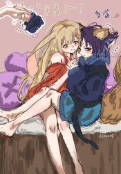  2girls animal_ears averting_eyes bare_shoulders barefoot blush chinese_commentary chinese_text cho_kaguya-hime! commentary_request crescent crescent_hair_ornament face-to-face forehead_jewel fox_ears grin hair_ornament hand_in_another's_hair heart highres interlocked_fingers kaguya_(cho_kaguya-hime!) l5mon_meng long_hair looking_at_another lop_rabbit_ears multiple_girls pink_background rabbit_ears sakayori_iroha sitting sitting_on_lap sitting_on_person sketch smile translation_request very_long_hair yuri 