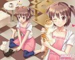  1280x1024 :d ;) animal_hug barefoot blush brown_eyes brown_hair cake casual cat coffee collarbone flower food hair_flower hair_ornament heart hoodie indoors kisugi_akira open_hoodie open_mouth original short_hair short_twintails smile solo table twintails two_side_up wallpaper wink 