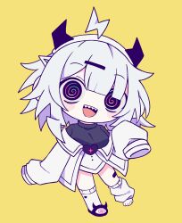  1girl :d @_@ absurdres ahoge bandaid bandaid_on_leg black_eyes black_horns black_slippers black_sweater blush blush_stickers breasts chibi chibi_only commentary demon_horns english_commentary full_body green_eyes hair_ornament hair_over_one_eye hairclip head_tilt headphones heart highres horned_headphones horns large_breasts layered_shirt leg_warmers lightning_ahoge long_sleeves loose_leg_warmer medium_hair melonbread messy_hair multicolored_eyes off-shoulder_shirt off_shoulder open_mouth q-chan_(yunyun_denpa_syndrome) rainbow_eyes red_eyes sharp_teeth shirt simple_background single_bare_foot single_sock sleeves_past_fingers sleeves_past_wrists slippers smile socks solo sweater teeth toes turtleneck turtleneck_sweater white_hair white_leg_warmers white_shirt white_socks yellow_background yellow_eyes yunyun_denpa_syndrome 