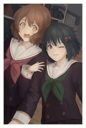  2girls absurdres black_hair border brown_eyes brown_hair brown_serafuku brown_shirt commentary_request green_neckerchief hibike!_euphonium highres hisaishi_kanade kitauji_high_school_uniform long_sleeves looking_at_viewer multiple_girls neckerchief one_eye_closed open_mouth oumae_kumiko paina_(xc428) red_neckerchief sailor_collar school_uniform serafuku shirt short_hair smile white_border white_sailor_collar winter_uniform 