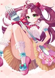  1girl ahoge closed_mouth collared_shirt commentary_request doroshii food-themed_hair_ornament fork fruit_hair_ornament green_eyes hair_ornament highres holding holding_fork kobayashi_mikuru long_hair looking_at_viewer meitantei_precure! oversized_fork oversized_object pink_ribbon precure puffy_short_sleeves puffy_sleeves ribbon shirt short_sleeves smile socks solo strawberry_hair_ornament twitter_username white_shirt white_socks 