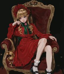  1girl black_background blonde_hair blue_eyes blunt_bangs blush bonnet bow bow_flower bowtie capelet chair commentary dress drill_hair finger_to_face frills hand_rest jun89190 lolita_fashion long_hair long_sleeves looking_to_the_side low_twintails mary_janes red_dress rozen_maiden shinku shoes sidelocks sitting socks solo twintails untranslatable_commentary 