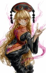  1girl black_dress black_hat blonde_hair breasts chinese_clothes closed_mouth commentary_request dalachi_(headdress) dress energy_tail fox_shadow_puppet fox_tail hat highres invisible_chair junko_(touhou) kuraageru1600 long_hair long_sleeves looking_at_viewer multiple_tails neck_ribbon one-hour_drawing_challenge red_eyes red_tabard ribbon sitting sketch smile solo tabard tail touhou very_long_hair wide_sleeves yellow_ribbon 