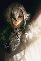 1girl arlecchino_(genshin_impact) black_eyes black_hair black_streaks closed_mouth coat earrings fatui_coat fur-trimmed_coat fur_trim genshin_impact grey_hair hair_over_one_eye highres jewelry long_hair looking_at_viewer multicolored_hair oversleep0503 red_pupils smile solo streaked_hair symbol-shaped_pupils x-shaped_pupils 
